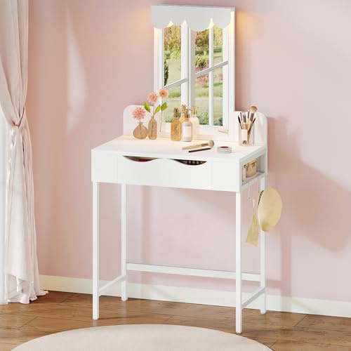 Sminkbord med belysning, tyglådor, toalettbord med spegellådor, justerbar ljusstyrka, sminkbord med dörrar, sminkbord med smyckeshylla, justerbara hyllor, träfärg