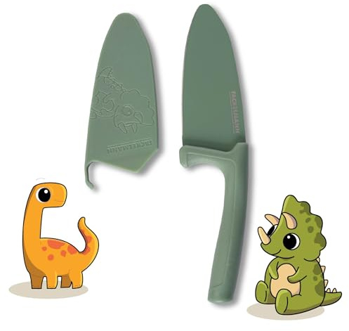 Fackelmann Cuchillo para chef Dino con protector de cuchilla – seguro y apto para niños, revestimiento antiadherente, mango ergonómico, incluye protección de hoja en aspecto dinosaurio