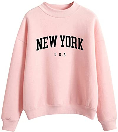 Felpe da donna Y2K New York da donna inverno autunno tinta unita abiti workou girocollo collo a lupetto vestibilità ampia stampa lettera manica lunga maglioni moda grafica felpe alla moda, rosa, S