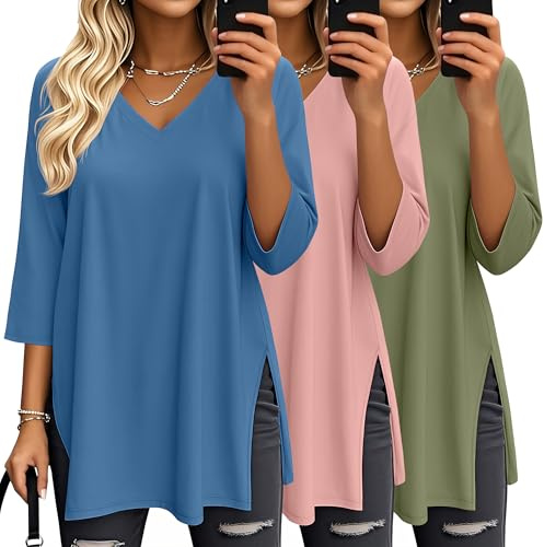 Suilung 3 Tops Femme Oversize Manches 3/4 Col V | Tuniques À Fentes Latérales, T-shirts Amples, Vêtements Respirants, Hauts DécontractéS, Tenue Superposée, Mode Automne