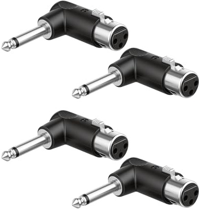 YANBORONSN 90 graders adapter, TS hane 1/4 tum till hona XLR-kontakt, 6,35 mm (1/4 tum) vinklad TS-honkontakt till XLR-honkontakt 3-stifts ljudadapter (4-pack)