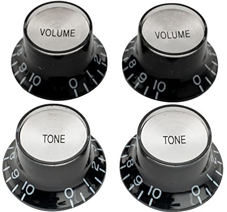 Musiclily Pro Imperial Zoll Gitarre Knöpfe Potiknöpfe Top Hat Reflector Knobs 2 Volume 2 Tone Control knobs Set für USA Les Paul SG E-Gitarre, Schwarz mit Silber Top