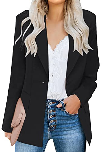 luvamia Women's Long Blazer Jacket Casual Notched Lapel One Button Work Office Blazer Jacket Suit Black Size Large (Fits US 12-14)