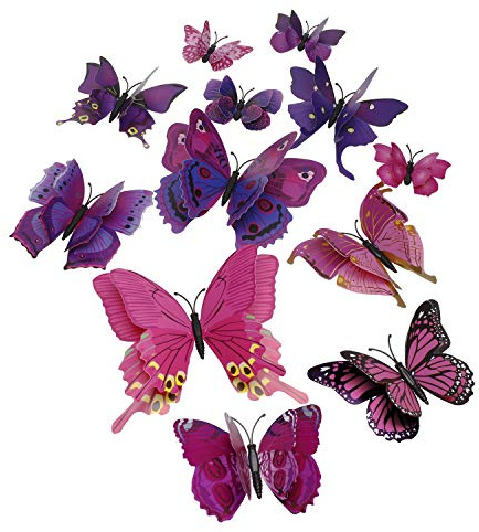 Tupalizy 12PCS Double Wings 3D Butterfly Wall Stickers Decals DIY Art Crafts Decorations for Windows Refrigerator Bedroom Classroom Bathroom Home Office Birthday Party Decorations(Purple)