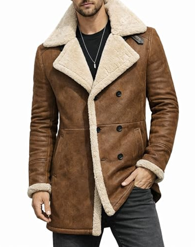Winter Brown Real Leather Jacket -Mens High Collar Biker Jacket Fluff Lining Coat Winter Warm Outwear - Shearling Faux Fur Flight Aviator Natural
