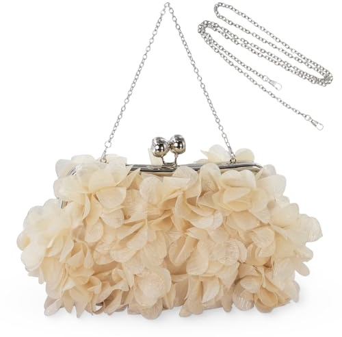 JAMBHALA Women Elegant Evening Purse, Small Floral Clutch Bag with Detachable Chain for Wedding, Party, Prom (Champagne)