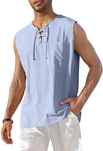 KUYIGO Los Hombres de algodón y Lino sin Mangas Henley Camisa con Cordones de Playa Casual Hippie Tops