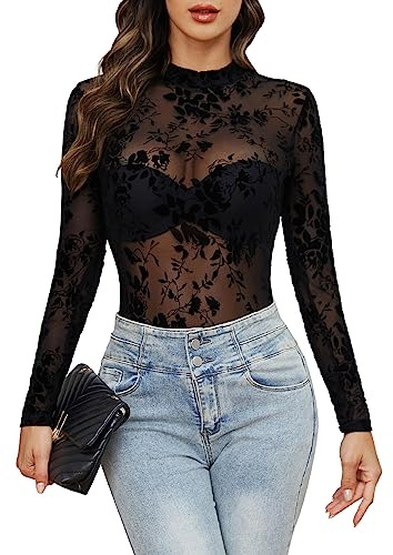 GAMISS Sheer Tops for Women Mesh Long Sleeve Mesh Tops Mock Neck Trendy Party Tops Black Floral M