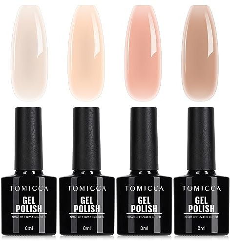 TOMICCA 4PCS Jelly Nude Gel Polish Set,Neutral Gel Polish Set Sheer Clear Crystal Translucent French Manicure Gel Nail Polish Kit DIY Manicure Kit 8ML