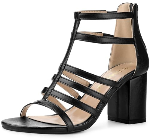 Allegra K Women's Cage Strappy Gladiators Chunky Heels Sandals Black 4 UK/Label Size 6 US