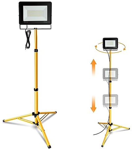 Jiubiaz Foco LED para obras con trípode, 100 W, 8500 lm, 6000 K, luz blanca fría, con cable de 1 m, altura ajustable, rotación de 360 grados, IP66, resistente al agua para interior y exterior (sin