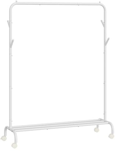 SONGMICS Perchero para Colgar Ropa Individual, Marco de Metal Resistente, con Ruedas y Estante, 50 kg de Carga máxima Total, 103,5 cm de Ancho, Almacenamiento de Ropa, Color Blanco Nube HSR131W01