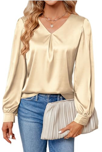 YUTILA Chemisier élégant en satin pour femme, à manches longues, col en V, pour le bureau, le travail et les affaires, beige, M