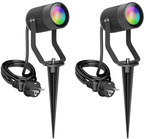 ledscom.de 2 st trädgårdsstrålkastare SHINGA med markpinne för utomhusbruk, IP65, stickkontakt, antracit, inkl. GU10 RGB-lampa, smart, 473 lm, varmvitt – kallvitt