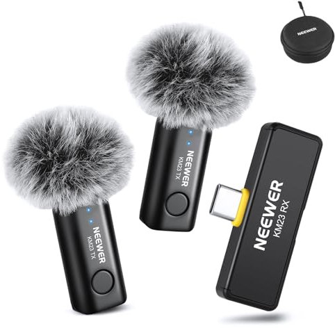 NEEWER Kit Microfono Lavalier Wireless per USB C, Microfoni a Condensatore Omnidirezionali Compatibili con iPhone 15 Samsung Android Phone, Mini Lav Mic Anti Rumore per Vlogging Streaming Live, KM23