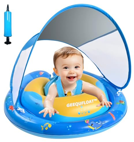 Baby Swimming Float,Anti-Rollover Design Toddler Pool Float,Extra Wide Baby Floaties 6-12 Months,Infant Pool Float and Removable UPF50+ Sun Protection Canopy,Adjustable Safety Seat,Toddler Floaties