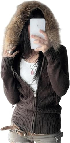 Suncadmious Sweat à capuche zippé à bords bruts pour femmes avec poches pull zippé à capuche décontracté vintage pour adolescents emo grunge des années 2000
