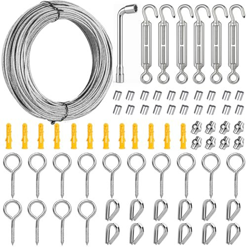 35M Stainless Steel Wire Rope Kit, Climbing Plant Support with Turnbuckles, Hooks, Thimbles & Clamps Catenary Fence Wire Rope Trellis Kit for Climbing Plants, Trellis, Fence, Outdoor Camping