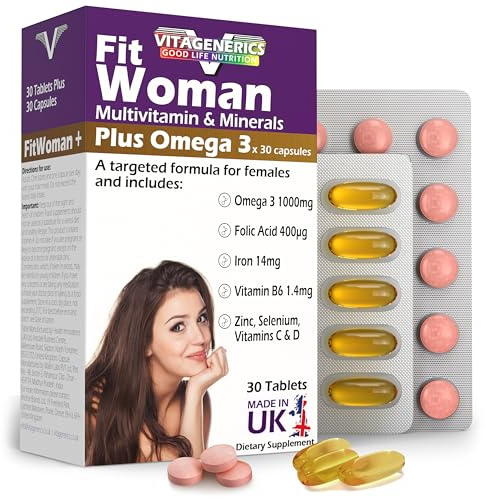 VITAGENERICS FitWoman High Strength Multivitamin & Minerals + Omega 3 | x30 Tablets, x30 Capsules | 1000mg Omega 3, Folic Acid, Iron, Zinc, Selenium, Biotin, Vitamin C, B-Complex. UK Made for Women