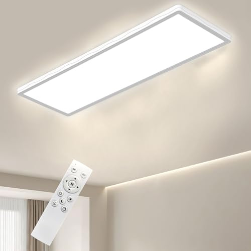 Bowfar LED Deckenleuchte, Leuchten Deckenlampe Rechteckig mit Fernbedienung Dimmbar 3000K-6500K, LED Panel Ultra Flach 24W mit Backlight für Wohnzimmer Schlafzimmer Büro Badezimmer, 58 * 2.5cm-Weiß