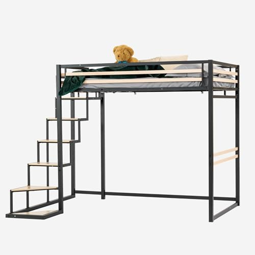 Meuble Cosy Lit Mezzanine 2 Places 140x200cm avec Sommier à Lattes pour Adulte Enfant, en Bois d'ingénierie et métal, Style Industriel, Chêne + Noir