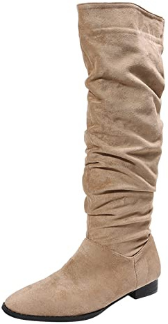 2026 Damen Schneestiefel, modisch, einfarbig, beflockt, knittert, spitz, flach, lässig, lang, khaki, 39.5 EU