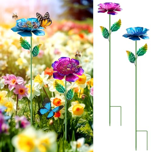 2 Pack Bee Watering Station, Metal Bee Feeder with Glass Marbles, Flower Design Bee Butterfly Watering Station Bee Waterer for Outdoor Garden Courtyard Decor