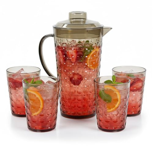 Taylor & Brown 2L Grey Plastic Pitcher with Lid, Water Juice Jug for Fridge, BPA-Free with 4 Cups Set for Iced Tea, Lemonade, Cocktails, Cold Beverage Carafe - Bubble Design