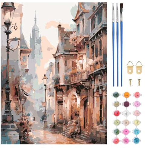 TLIOBLO Rue Peinture par Numéros pour Adulte, DIY Paysage Peinture pour Adultes Enfants Débutants Facile sur Toile avec Peintures et Pinceaux, Décor Maison Cadeaux 30x40cm