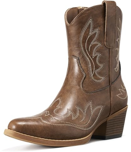Rollda Cowboy Boots for Women, Short Cowgirl Booties with Side Zipper, Ladies Ankle Western Boots Retro Vintage Snip Toe Chunky Heel