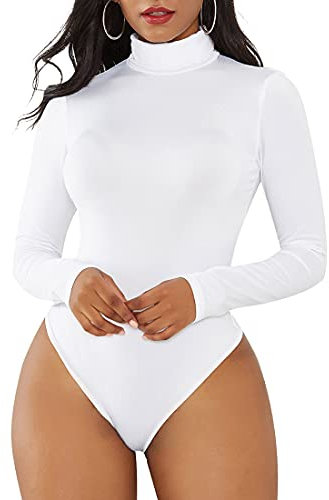 Durio Sexy Body Damen Langarm Elegant Bodysuit Tops Bodies Oberteil Overall Stringbody mit Rollkragen Weiß Rollkragen 38-40 (Tag Size M)