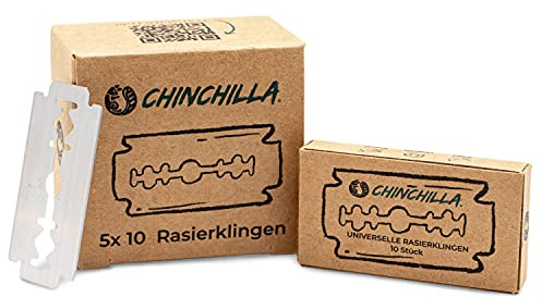 Chinchilla Rasierklingen für Rasierhobel, 50 universelle Klingen aus Stahl (rostfrei), für alle gängigen Rasierhobel Damen & Herren, Ersatzklingen & Wechselklingen, Razor Blades, 50 Stück