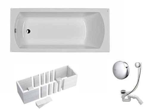 VBChome Badewanne 150x75 cm Geberit Acryl SET Wannenträger Siphon Wanne Rechteck Weiß Design Modern Styroporträger Ablaufgarnitur in Chrom