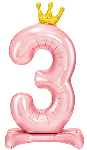 OH YEAH - Globo Pie Número 3 Rosa - 105 cm - Número con Corona - Cumpleaños Infantil - Números 1, 2, 3 - Globos Primer Cumpleaños - Globo Número Gigante - CON BASE