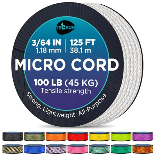 TECEUM Micro Paracord – White – 1.18 mm x 125 ft – Micro Utility Cord – Thin Braided Paracord Rope Nylon Polyester – Wind Chime Replacement – Survival Strong String 007c