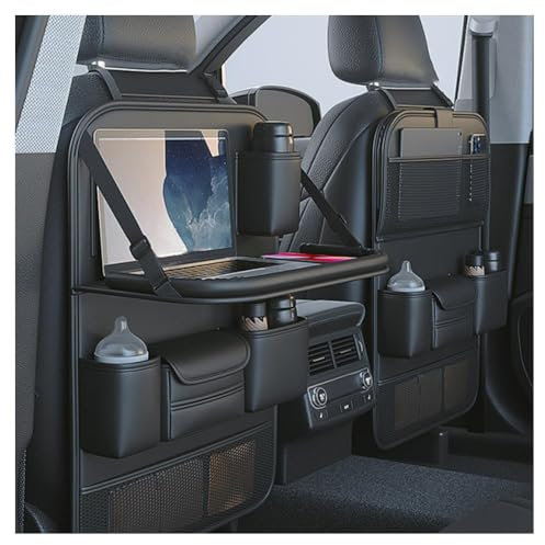 Primst 2 Pack Leather Car Backseat Organizer with Foldable Table Tray, Car Seat Back Protectors Kick Mats, Foldable Car Seat Organizer with Tablet Holder