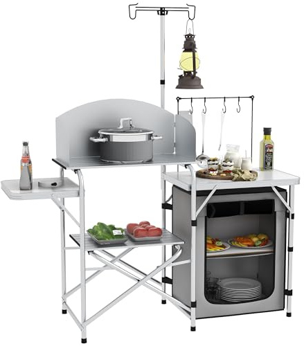 Outsunny Camping Kitchen with Storage Cupboard, Folding Camping Table, Aluminium Portable Picnic Table with Windshield, Light Stand, Carrying Bag for BBQ, Silver