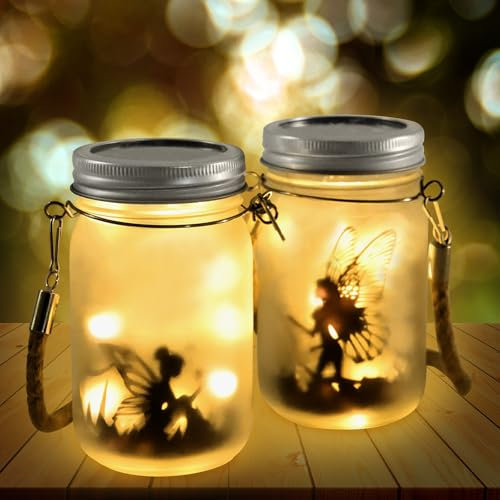 Lot de 2 lanterne solaire exterieur à suspendre dans un bocal en verre pour l'extérieur, lampe solaire exterieur decorative, décoration de jardin pour l'extérieur, lampes de jardin solaires