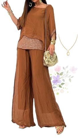 ZPLMIDE Traje casual de gasa con lentejuelas de verano para mujer, elegante pantalón de gasa de pierna ancha, conjunto de dos piezas para damas de boda (XL, marrón)