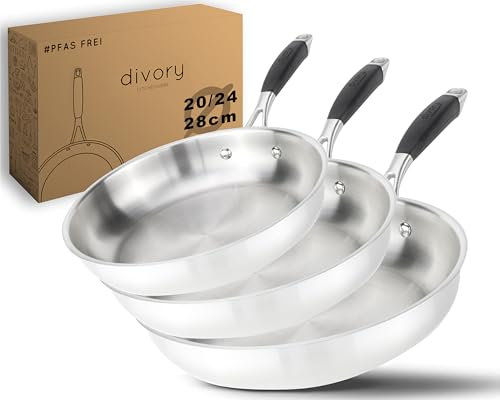 DIVORY Edelstahlpfannen Set 20, 24, 28 cm – Unbeschichtete Pfannen ohne PTFE & PFOA, Bratpfannen Edelstahl für Induktion & alle Herdarten, Pfannenset für Röstaromen – Stainless steel frying pan (PURA)