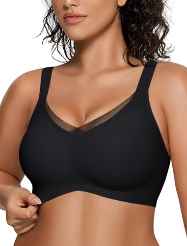 OEAK Womens Wireless Jelly Bras V Mesh Comfortable Bralette Supportive Tshirt Bra No Underwire Seamless Push Up Everyday Bras Black XL