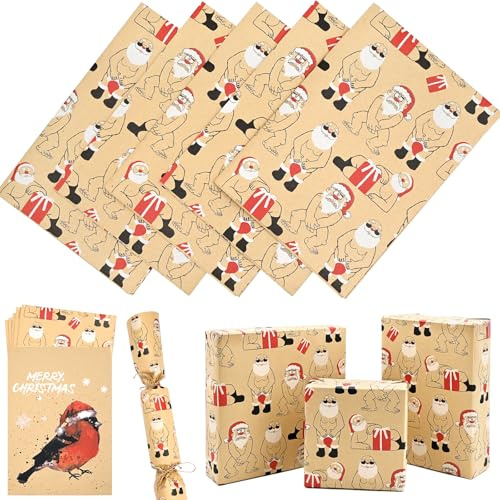 Robin - Carta da regalo natalizia, 5 fogli di grandi dimensioni in 1 sacchetto di carta riciclabile, con divertente Babbo Natale per Natale (50 x 70 cm)