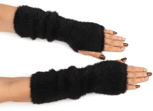 BelleVive Mitaines pour femme en velours imitation vison Y2K - Manchettes longues - Mitaines thermiques tricotées, Noir , L