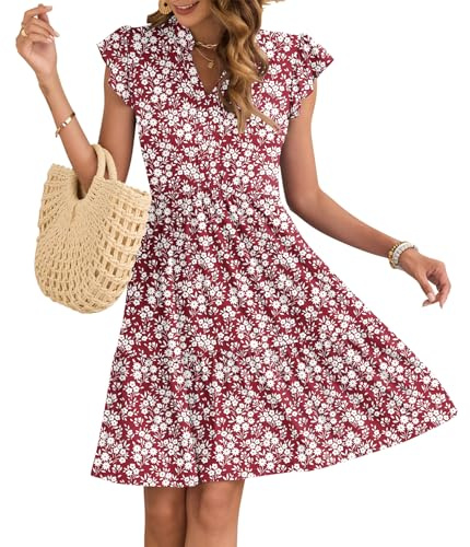 AUSELILY Vestito Donna Estivo con Scollo a V Maniche a Volant Mini Abito Vita Elastica Vestiti Casual con Tasche Piccoli Fiori Rossi M