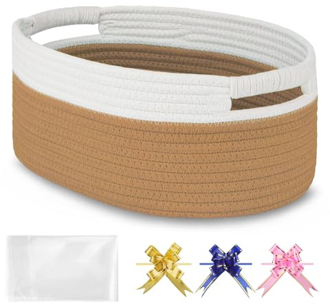 BOSROTY Small Woven Gift Basket with Bag & Ribbons, Camel | Cotton Rope, 33x23x14 cm, Ideal for Kids, Women & Men, Bedroom, Living Room, Nursery & Bathroom Storage, Cat & Dog Toy Boxes