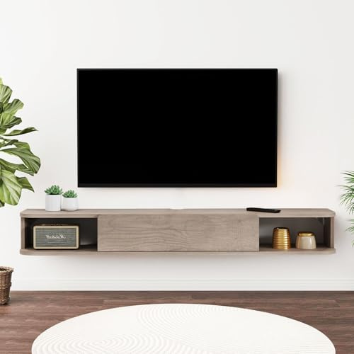Pmnianhua Floating TV Shelf, Wall Mounted TV Cabinet, Floating Shelves with Door, Modern Entertainment Media Console Center Large Storage Under TV (140cm, Rustic Oak)