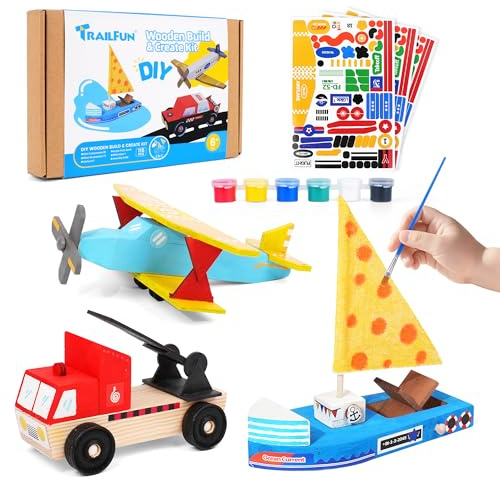 Wooden Build Paint Art Crafts Kit 3 Pack, Make Your Own Car Boat & Plane DIY Craft Toys for Kids Boys, STEM Educational Toy Set for Kids Ages 4-8, 8-12
