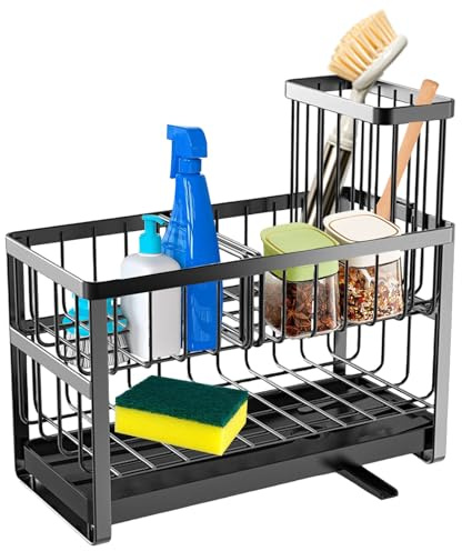 Primasage 2 Couches Porte Eponge Evier Cuisine, 9.1in Organisateur D'Évier en Acier au Carbone Organiseur D'Évier Amovible avec Égouttoir Brosse de Nettoyage Rack de Rangement