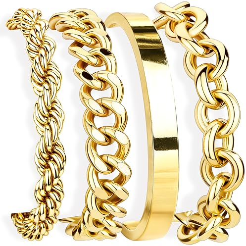Gokeey Chunky Gold Bracelets Stack for Women Non Tarnish, Waterproof 14K Gold Plated Thick Bangle Cuff Bracelet Stackable Layered Cuban Link Chain Paperclip Rope Bracelet Set for Women Trendy Fashion Jewelry Gifts