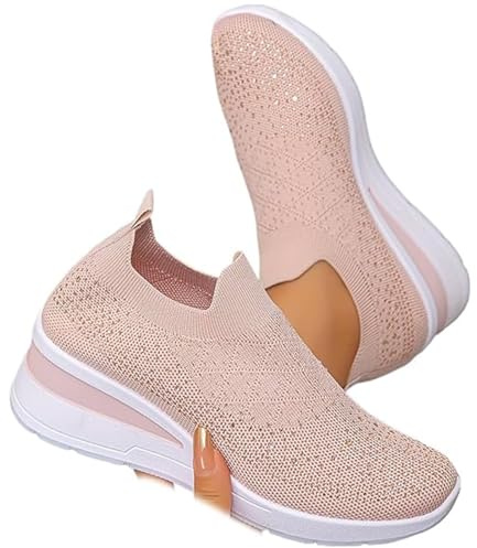 Baskets compensées respirantes avec strass pailletés pour femme - Sans lacets - Chaussures à enfiler, rose, 40 EU